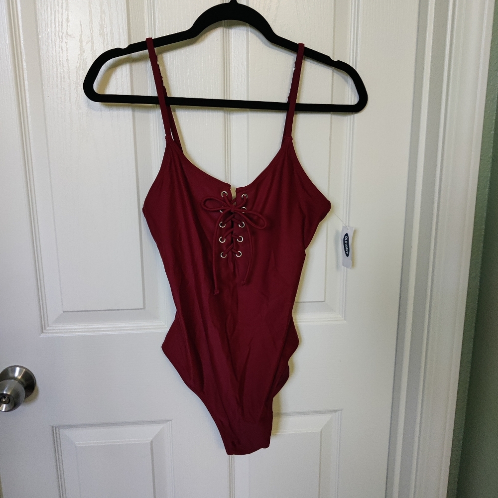 Old Navy Lace Up One Piece Swimsuit - Burgundy